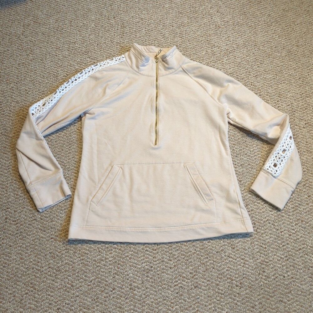 Lilly Pulitzer Half Zip Pullover Sweatshirt Womens M Beige Lace Crochet Trim